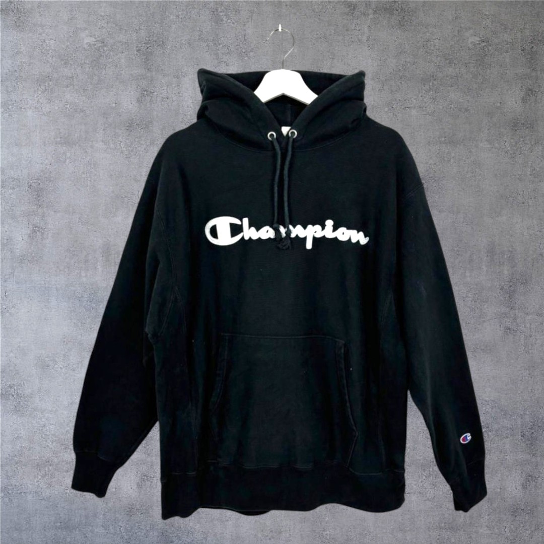 【USED】Champion パーカー ビッグロゴ ブラック メンズL フーディ